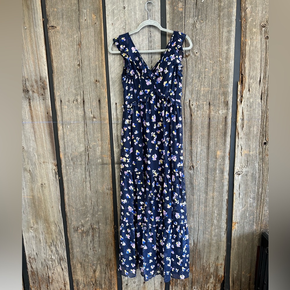 DKNY Navy Floral Print Ruffle Maxi Dress Women’s Size 2 Feminine whimsical